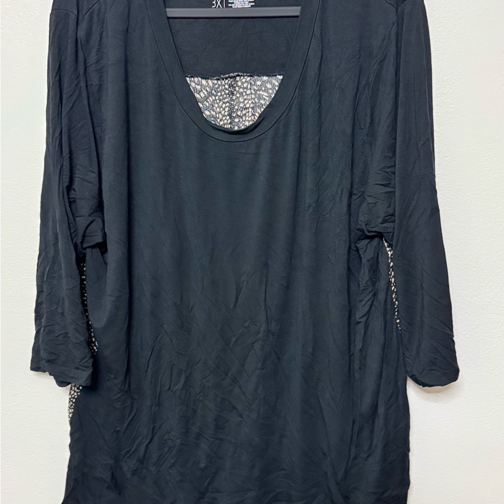 Black latched mama 3/4 sleeve scoop neck nursing Top with woven Patterned Back